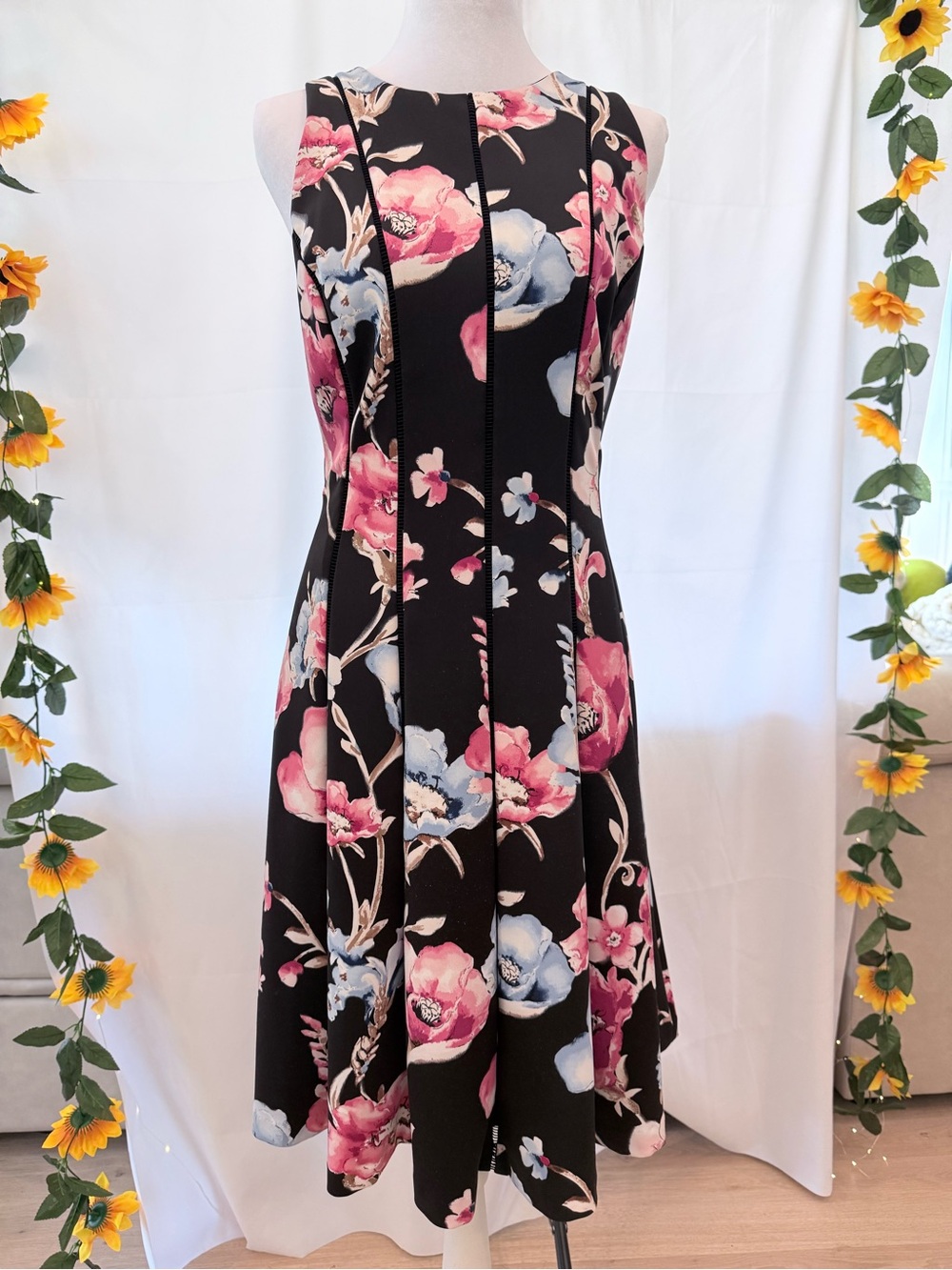 White House Black Market Black Midi Dress with Pink & Blue Floral Print